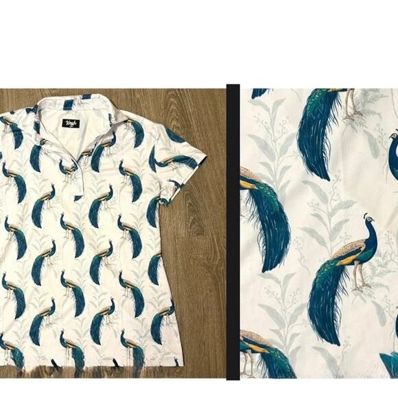 Waggle Peacock Print Golf Polo Small Stretch Performance Top - Picture 9 of 9